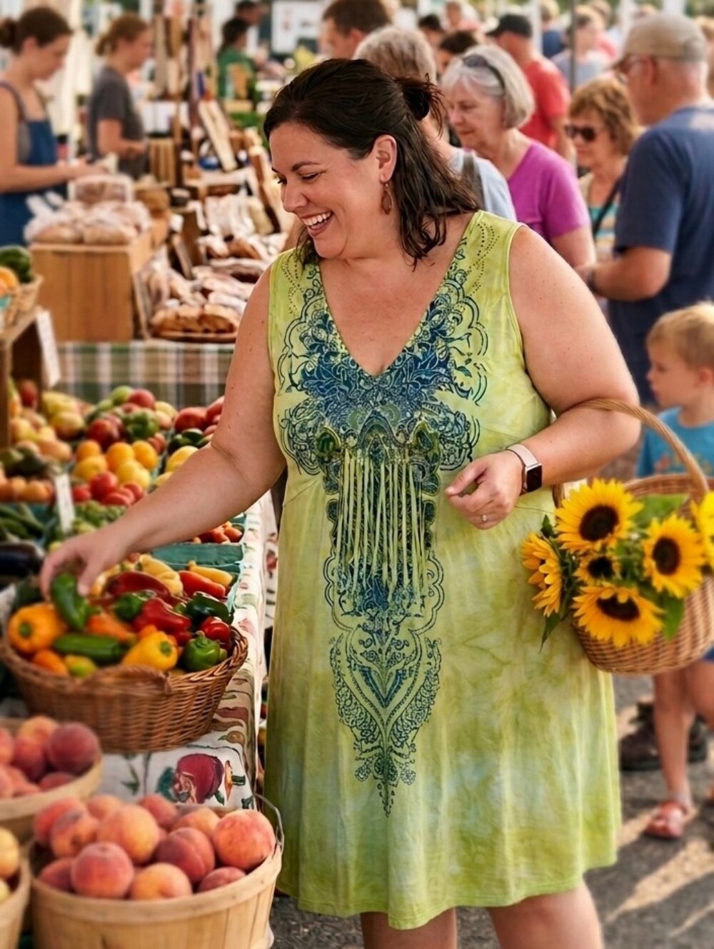 Apt. 9 Green Tie-Dye Midi Dress with Blue Print